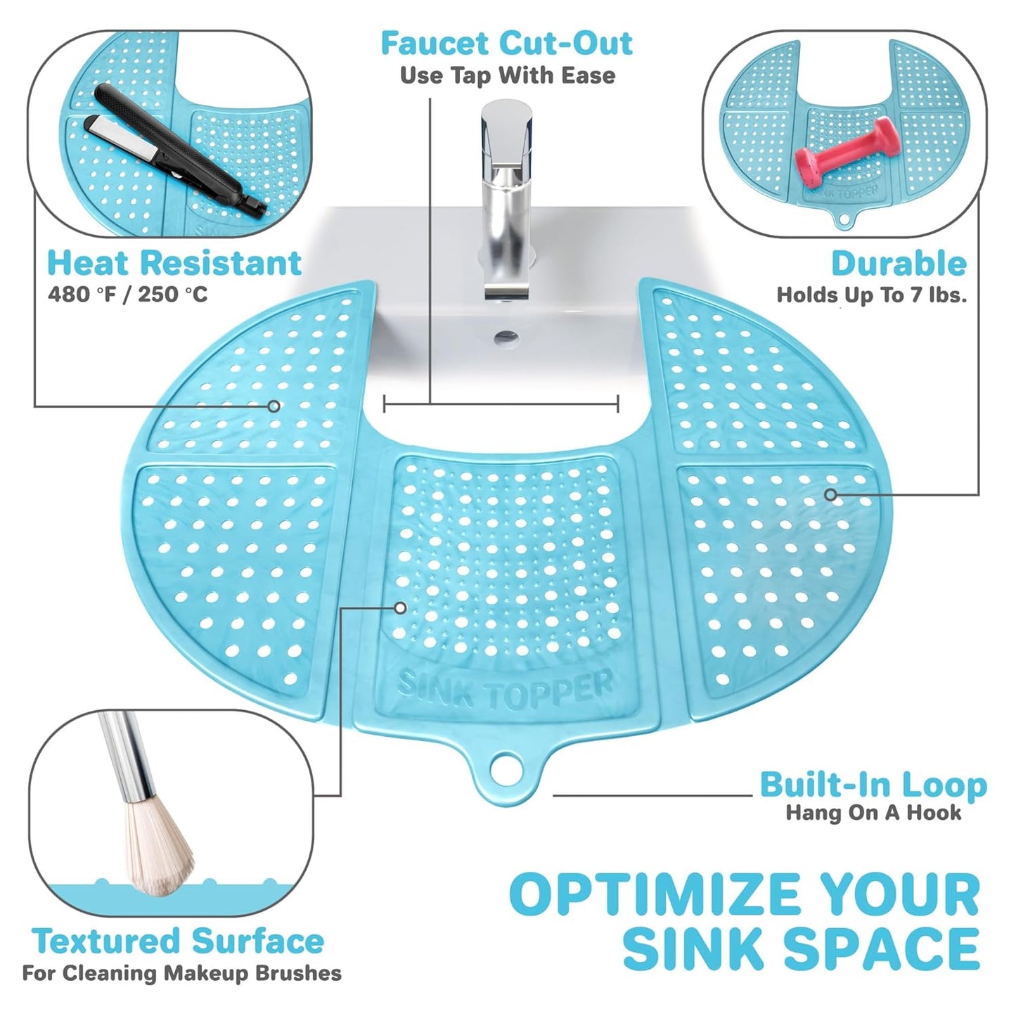 Foldable Sink Cover - Silicone Beauty Makeup Brush Cleaning Mat - Hot Tools Organizer - Bathroom Must Have Accessory for Extra Space & Storage Saver - Traveling - Standard, Pacific Blue